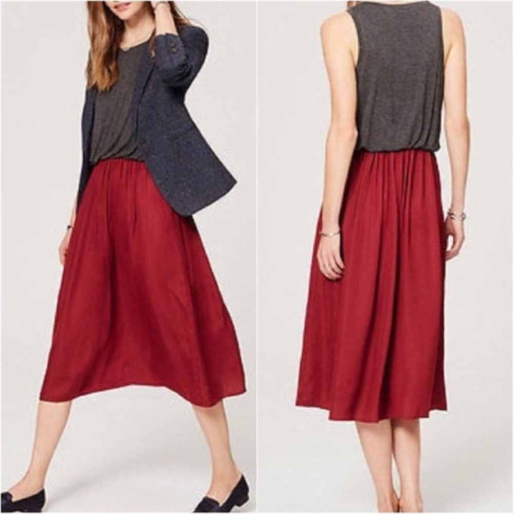 Silky maroon dress with gray top